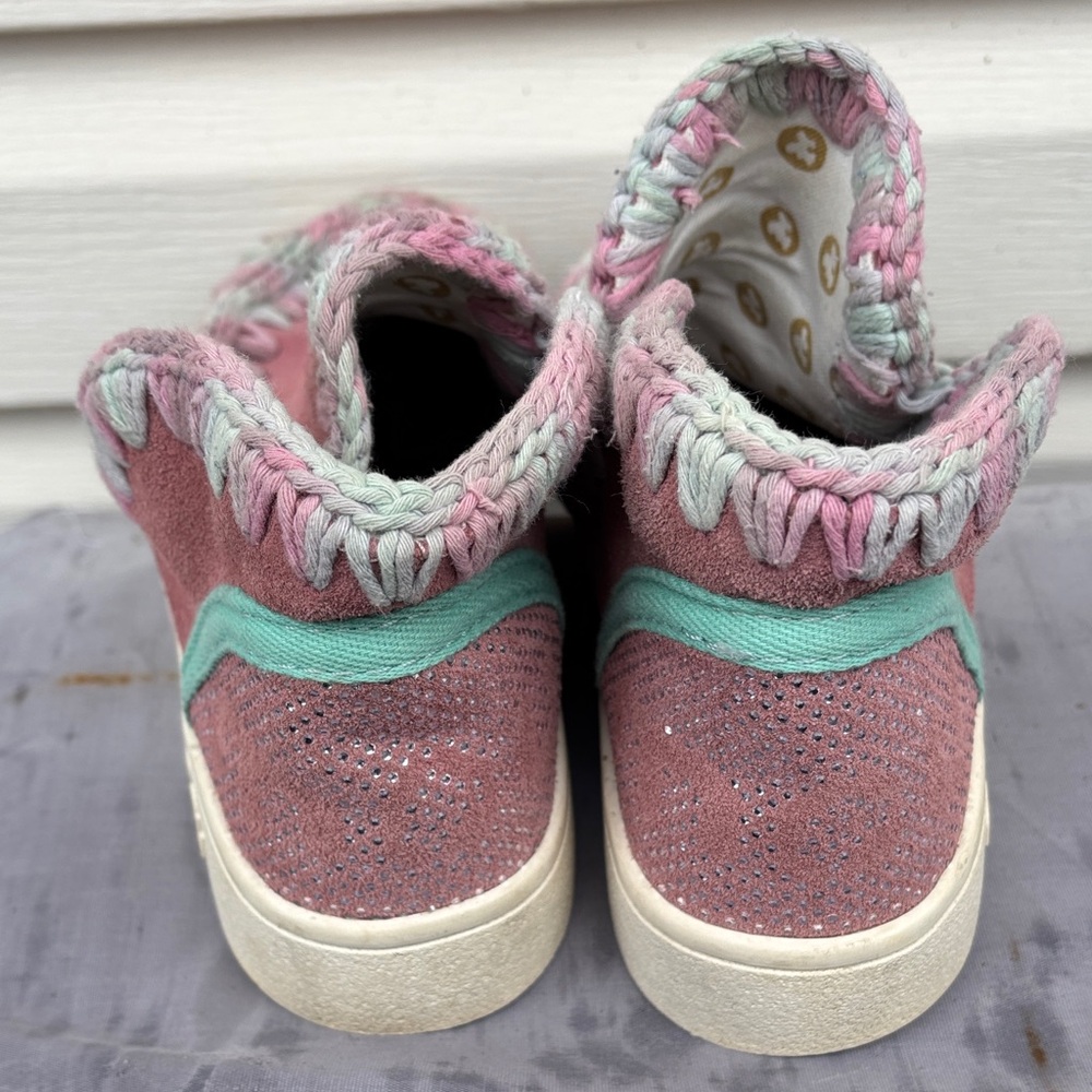 MOU Ladies Pink Suede Slip-On Moccasin Sneakers with Multicolor Crochet Trim-7 - Picture 4 of 10
